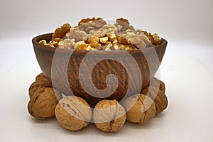 Walnut Kernels In Clay Bowl Other Names: Juglans Regia, Persian Walnut, English Walnut, Circassian Walnut. Isolated Image On A