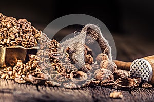 Walnut kernels whole walnuts in burlap sack and vintage bowl