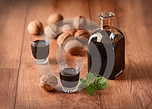 Walnut liqueur in the bottle