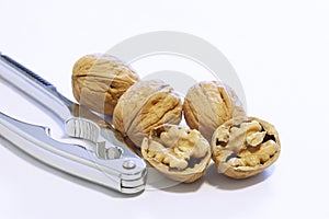 Walnut and a nut cracker isolated on white background with copy space