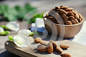 Walnut nut in wooden bowl on wood table with green leaf background, copy space