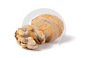 Walnut without nutshell and nutshell walnut isolated on white