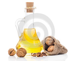 Walnut oil in a glass transparent bottle