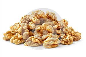 Walnut pile on white background. Neural network AI generated