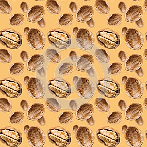 Walnut seamless pattern backdrop. Open nut shell and kernel on brown background