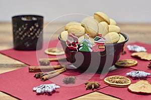 Walnut shaped butter cookies and christmas decor.