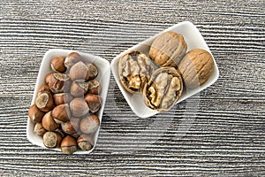 Walnut and shelled hazelnut pictures side by side in a separate plate standing side by side in separate plate of shelled hazelnuts