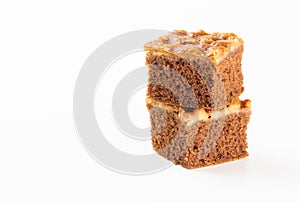 Walnut toffee cake stack on white background