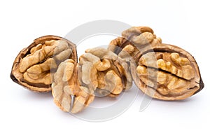 Walnut and walnut kernel isolated on the white background.