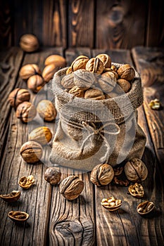 Walnuts in a bag on a rustic table, copy space