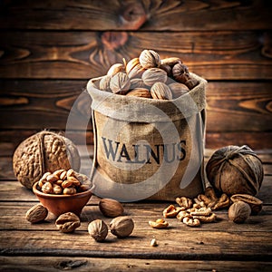 Walnuts in a bag on a rustic table, copy space