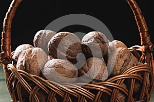 Walnuts in a basket. Walnut harvest