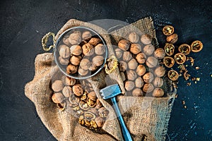 Walnuts. Beautiful composition with wallnuts on the sackcloth.