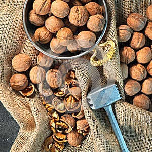 Walnuts. Beautiful composition with wallnuts on the sackcloth.