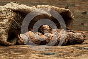 Walnuts in a burlap bag