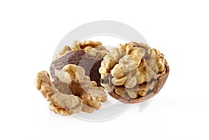 Walnuts in closeup on white background