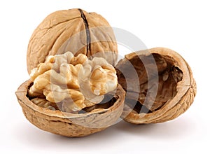Walnuts and cracked walnut isolated on white