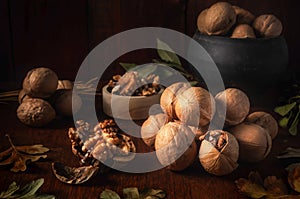 Walnuts on a dark background