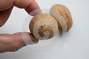 Nueces comida matrices en la mano en blanco aislamiento 