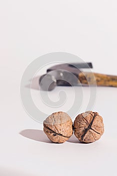 Walnuts and a hammer, on a white surface.