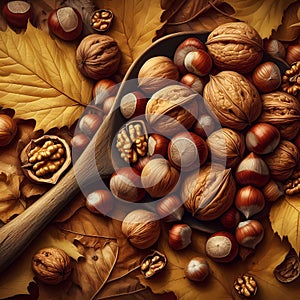 Walnuts And Hazelnuts On The Autumn Maple Leaves
