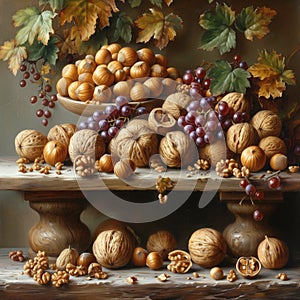 walnuts and hazelnuts still life in rural style