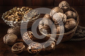 Walnuts and kernels in a basket