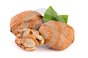 Walnuts with leaf isolated on white background