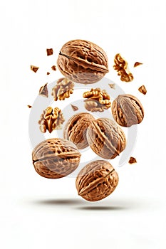 Walnuts levitating in the air on a white background