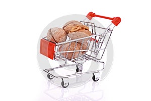 Walnuts in miniature shopping cart isolated