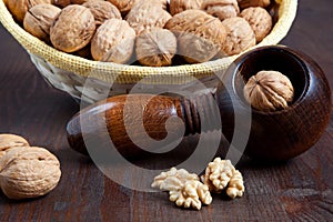 Walnuts and nutcracker close-up