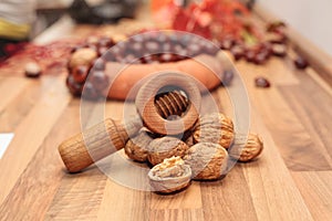 Walnuts with a nutcracker.