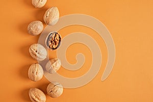 walnuts pattern on brown background, top view walnuts in shell and without shell in a row