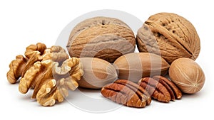 walnuts and pecans on white background.