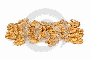 Walnuts pile isolated on white background. Panorama of heap walnuts without shell closeup for your design and print