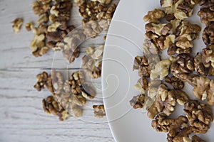 Walnuts on plate background