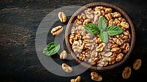 Walnuts in rustic bowl on dark wood background