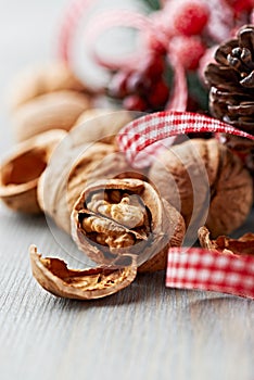 Walnuts and rustic christmas decoration