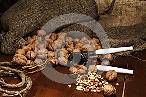 Walnuts on a rustic old wooden table. walnuts on a wooden table. Side view.