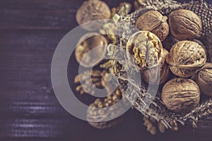 Walnuts in small burlap bag