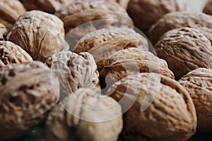 Walnuts on a vintage kitchen table. Healthy food.