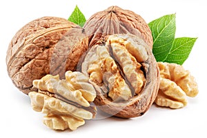 Walnuts, walnut kernel and green leaves isolated on white background