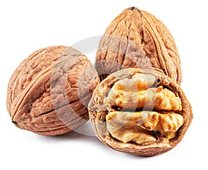 Walnuts and walnut kernel isolated on white background