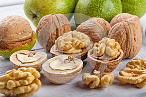 Walnuts on white table