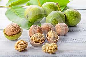 Walnuts on white wooden table