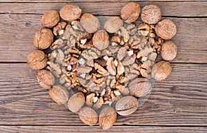 Walnuts whole and nuts in the shape of heart