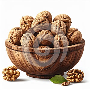 Walnuts in a Wooden Bowl with Bright Lighting and White Background