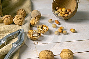 Walnuts in a wooden box next to a hazelnut in a coconut shell, nuts scattered on a white wooden table on which the nut cracker