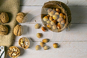 Walnuts in a wooden box next to a hazelnut in a coconut shell, nuts scattered on a white wooden table on which the nut cracker