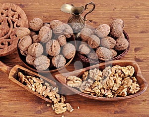 Walnuts in wooden plates on a wooden background